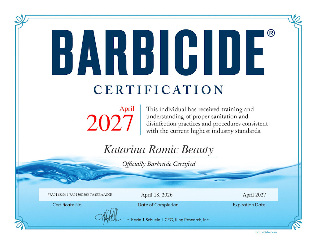 BARBICIDE Certificate for Katarina Ramic Beauty, valid April 2026 - April 2027