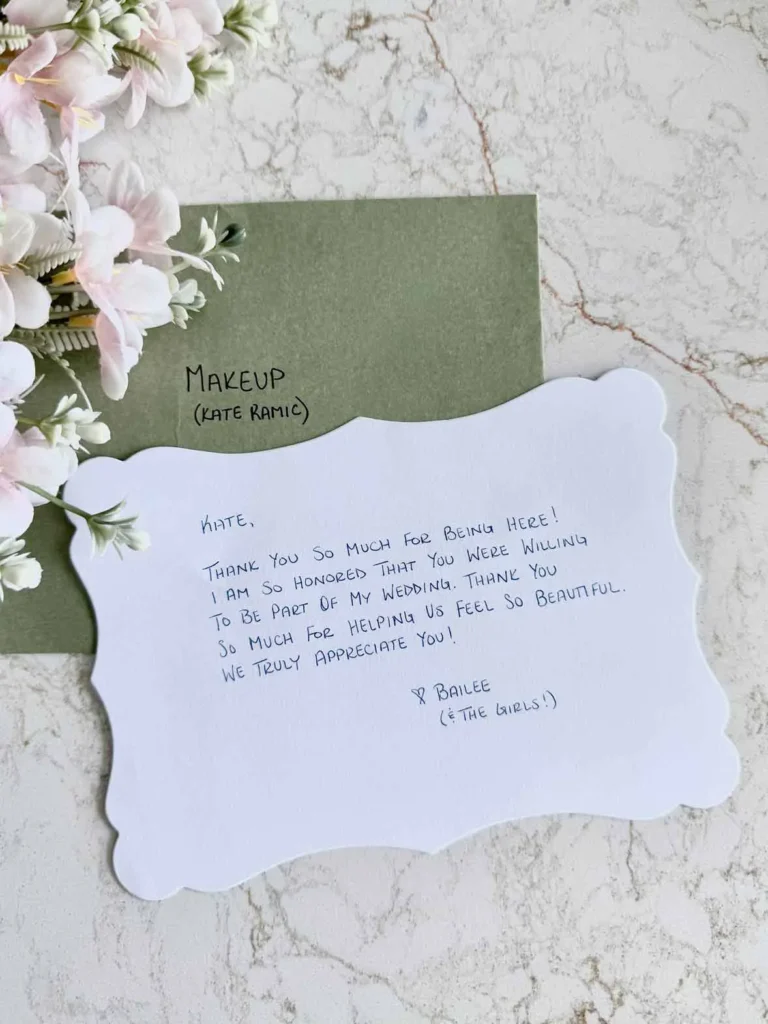 Bride’s handwritten thank you note after her wedding makeup